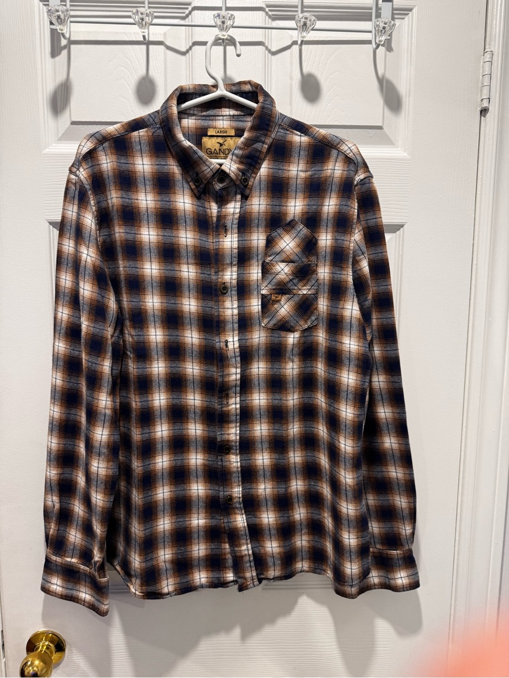Gandys Men's Plaid Button-Down Shirt in Navy and Brown Large